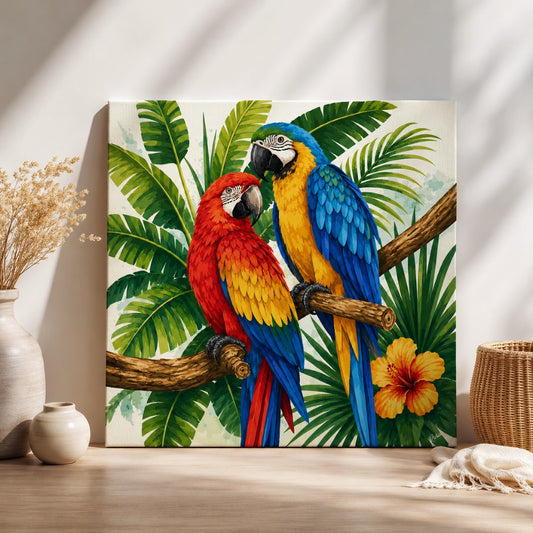 Wings of Paradise painting featuring two colorful macaws surrounded by tropical foliage