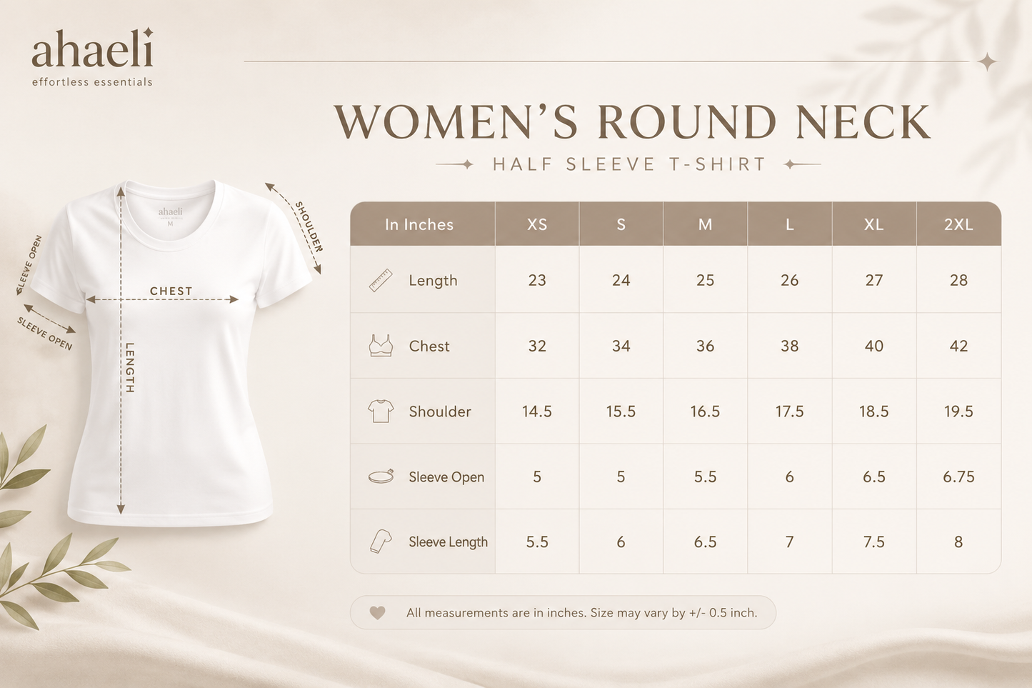 Women's round neck t-shirt size chart with chest and length measurements