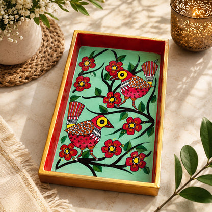 Close-up of handcrafted Cheerful Birds Mithila Art Wooden Tray showcasing intricate bird and floral folk art details.