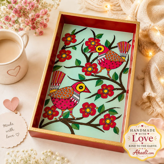 Handcrafted Wooden Tray featuring Cheerful Birds Mithila Art with vibrant floral design, decorative serving tray for home decor and gifting.