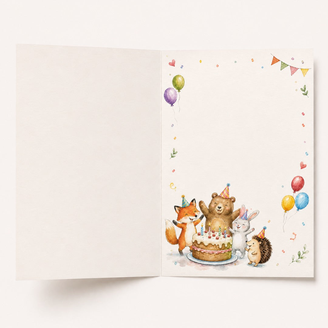 Inside of watercolor woodland animal birthday card with fox, bear, bunny, hedgehog and balloons