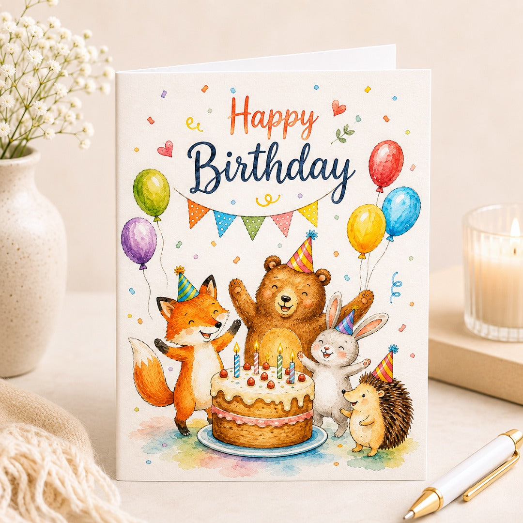 Watercolor woodland animal birthday card with fox, bear, bunny, hedgehog, balloons and birthday cake