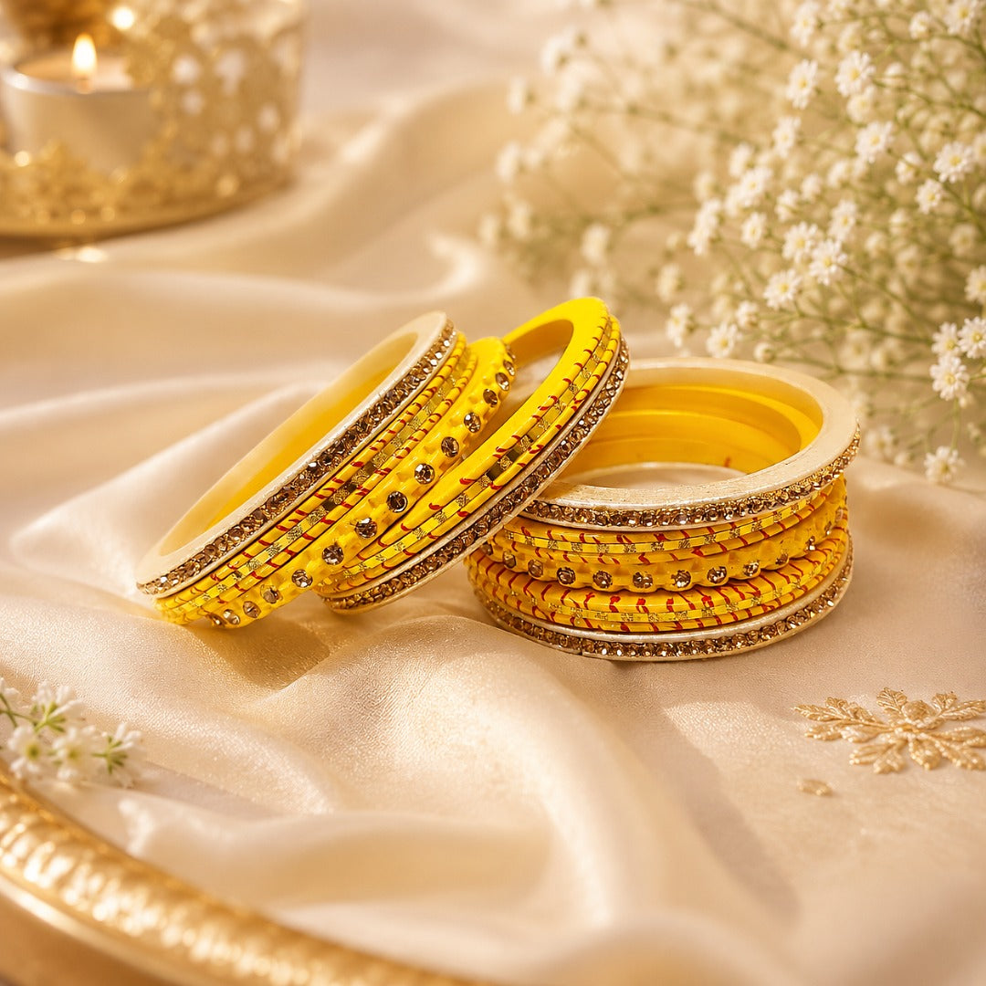 Yellow traditional 10 bangle set for women featuring stone work detailing, perfect for Haldi ceremonies, weddings, festivals, and bridal wear.
