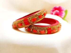 Lac Bangles - Red beads and stones (Set of 2) - Ahaeli